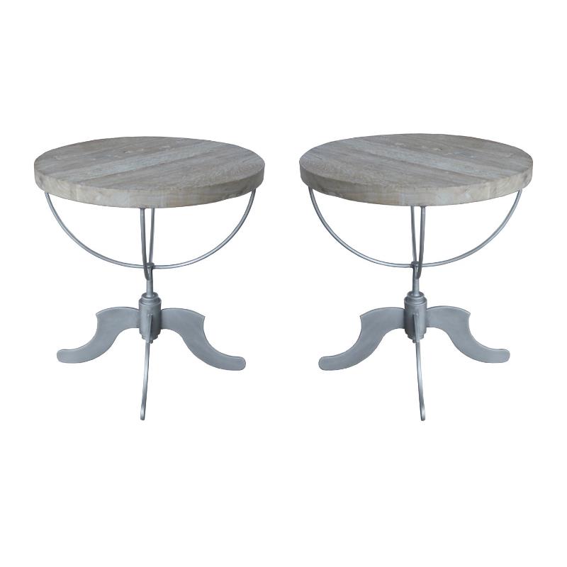 Home Square Round Solid Wood Table with Cast Iron Base in Brown - Set of 2