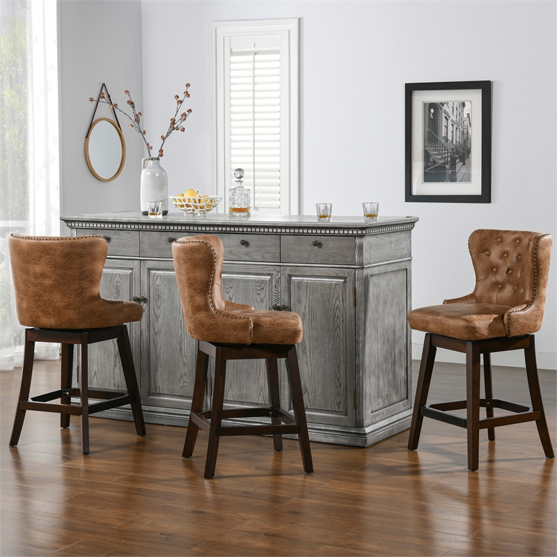 Home Square Tufted High Back Counter Height Barstool in Tan Brown - Set of 3