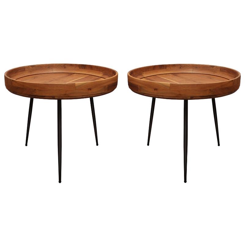Home Square Solid Wood Round Side Table in Natural Finish - Set of 2