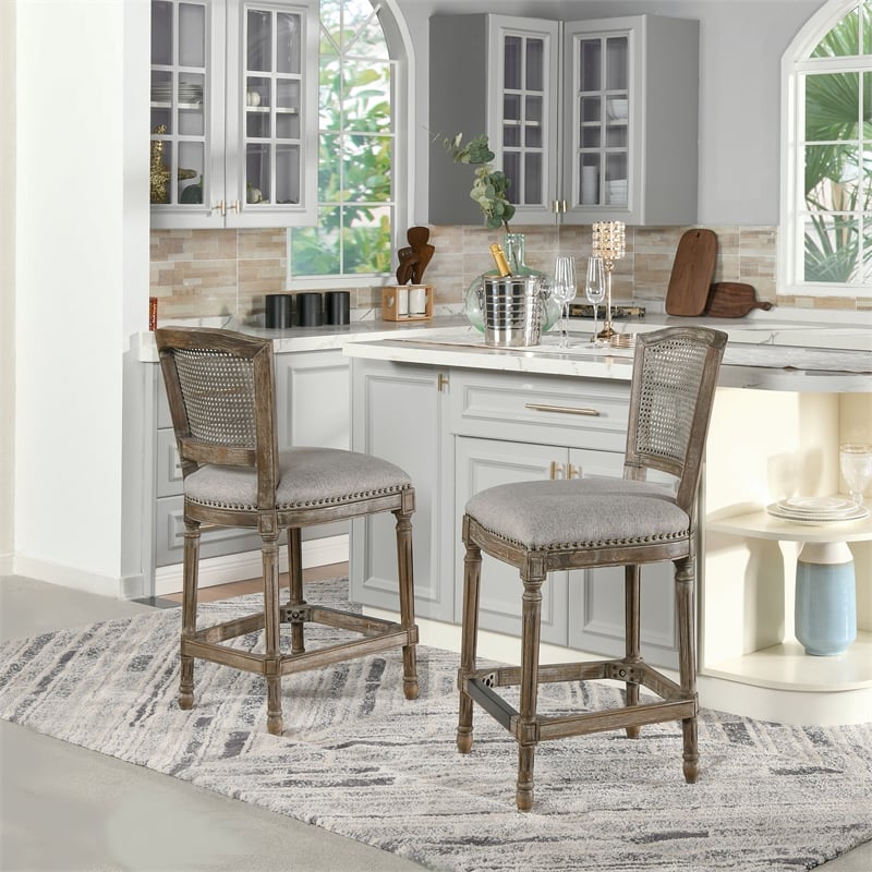 Home Square Rattan Wicker High Back Bar Stool in Dark Heathered Gray - Set of 2