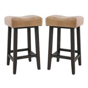 Home Square 26&quot Leather and Wood Backless Bar Stool in Camel Beige - Set of 2