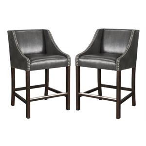 Home Square 25.5&quot Leather and Wood Bar Stool in Charcoal Gray & Brown - Set of 2