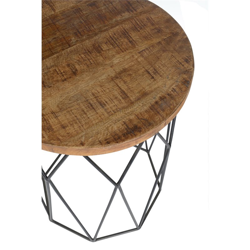 Home Square Round Mango Wood and Iron End Table in Chestnut Brown - Set of 2
