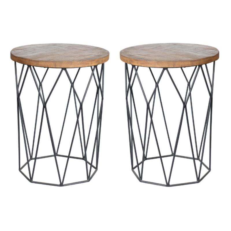 Home Square Round Mango Wood and Iron End Table in Chestnut Brown - Set of 2