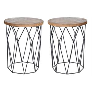 Home Square Round Mango Wood and Iron End Table in Chestnut Brown - Set of 2