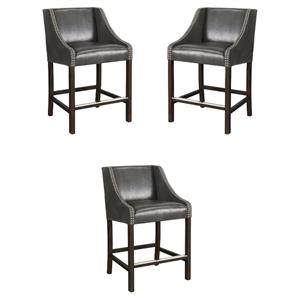 Home Square 25.5&quot Leather and Wood Bar Stool in Charcoal Gray & Brown - Set of 3