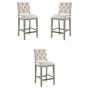 Home Square Fabric and Solid Wood Counter Stool in Cream - Set of 3