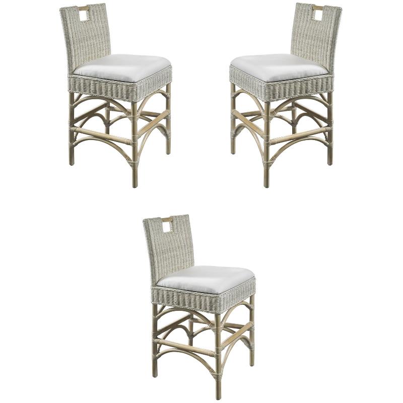 Home Square Rattan and Fabric Barstool in White Wash - Set of 3