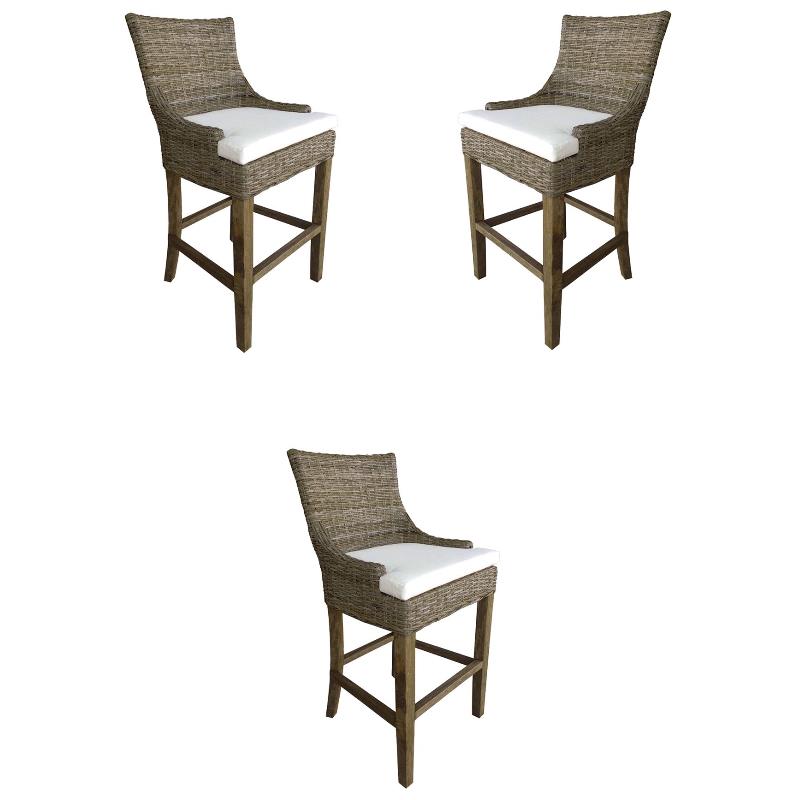 Home Square Rattan and Wood Barstool in Kubu Gray - Set of 3