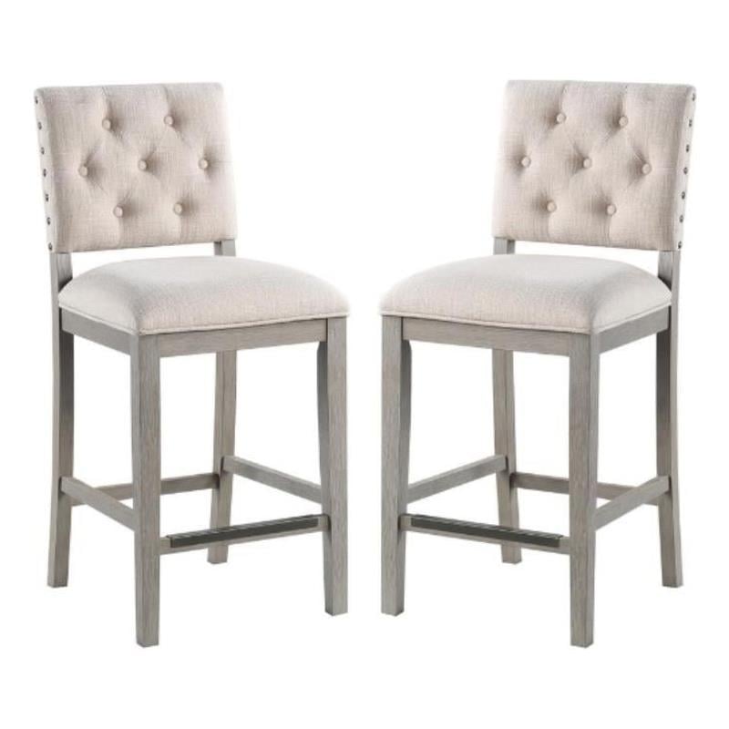 Home Square Fabric and Solid Wood Counter Stool in Cream - Set of 2