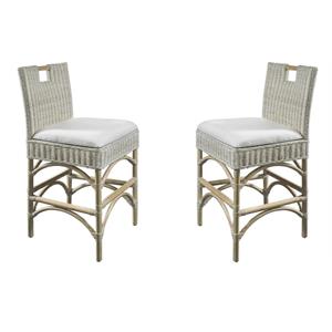Home Square Rattan and Fabric Barstool in White Wash - Set of 2