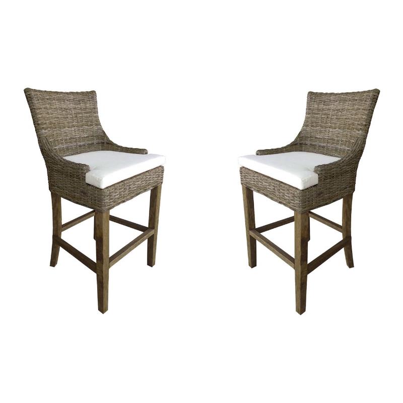 Home Square Rattan and Wood Barstool in Kubu Gray - Set of 2