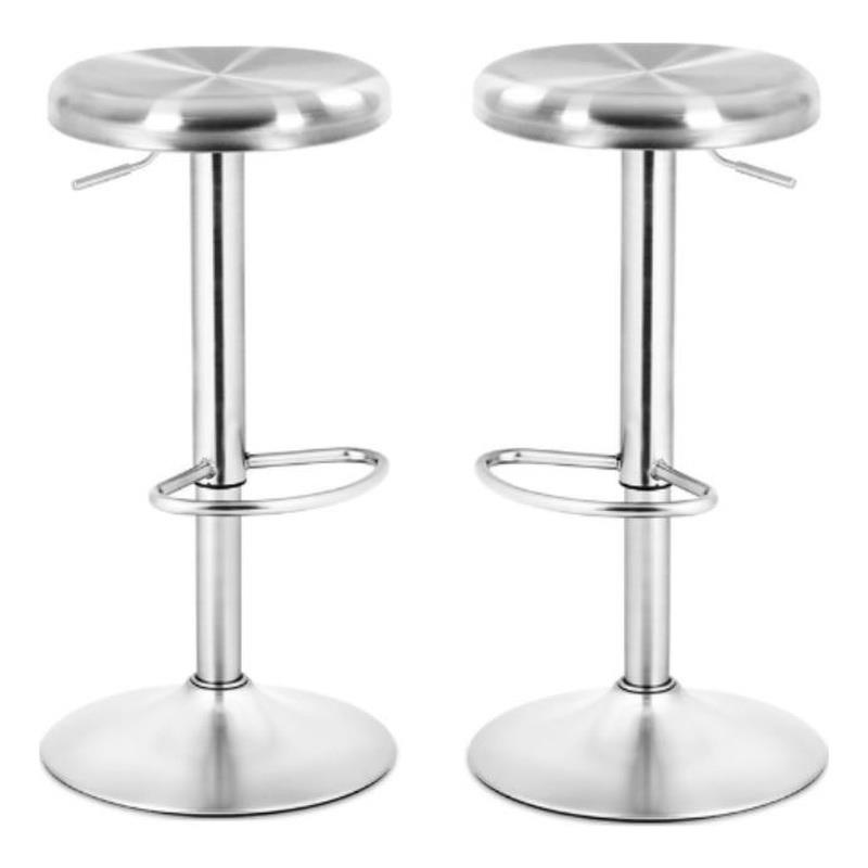 Home Square Brushed Steel Swivel Bar Stool with Round Top in Silver - Set of 2