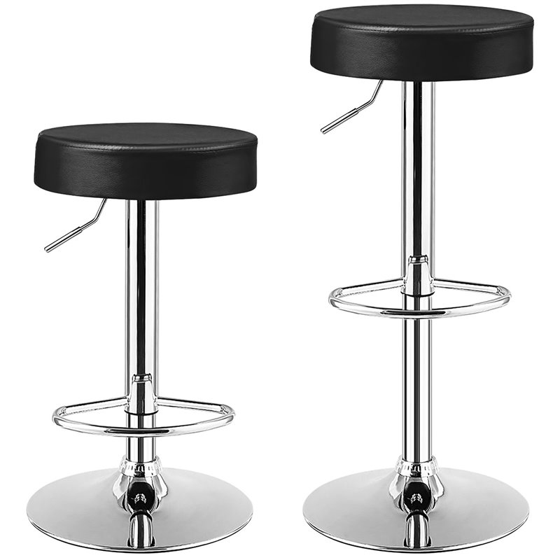 Home Square Round Leather & Steel Bar Stool with Footrest in Black - Set of 2