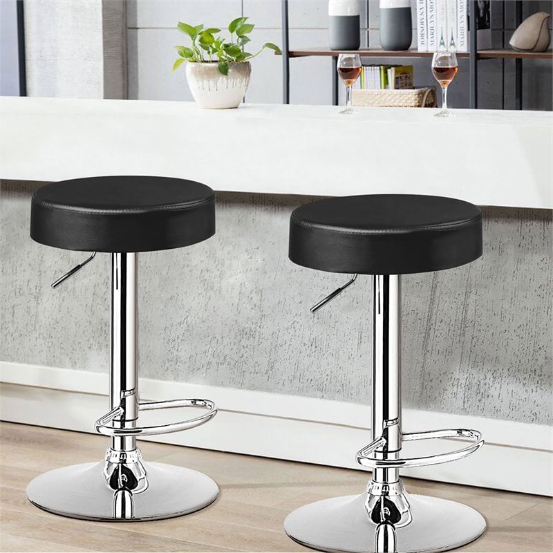Home Square Round Leather & Steel Bar Stool with Footrest in Black - Set of 2