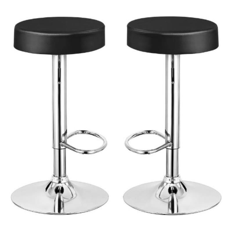 Home Square Round Leather & Steel Bar Stool with Footrest in Black - Set of 2