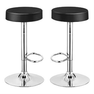 Home Square Round Leather & Steel Bar Stool with Footrest in Black - Set of 2