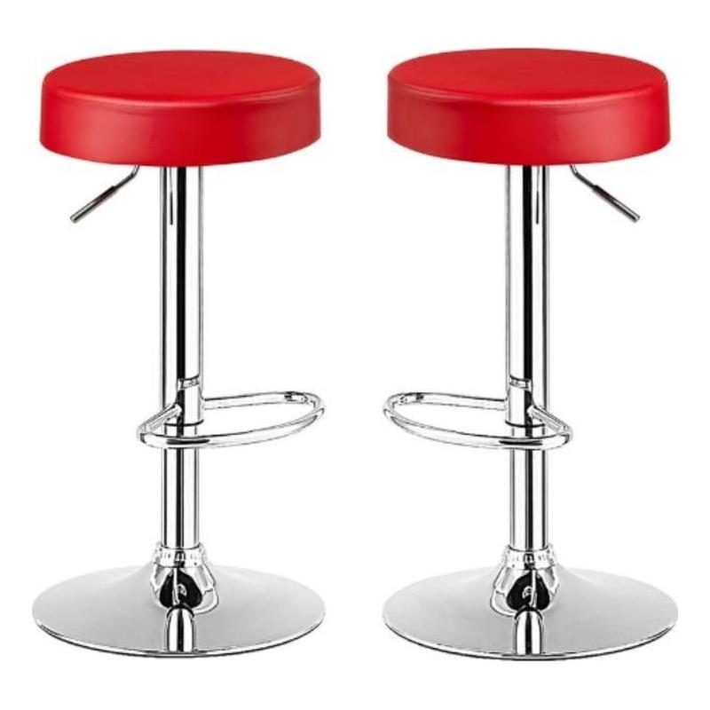 Home Square Round Leather & Steel Bar Stool with Footrest in Red - Set of 2