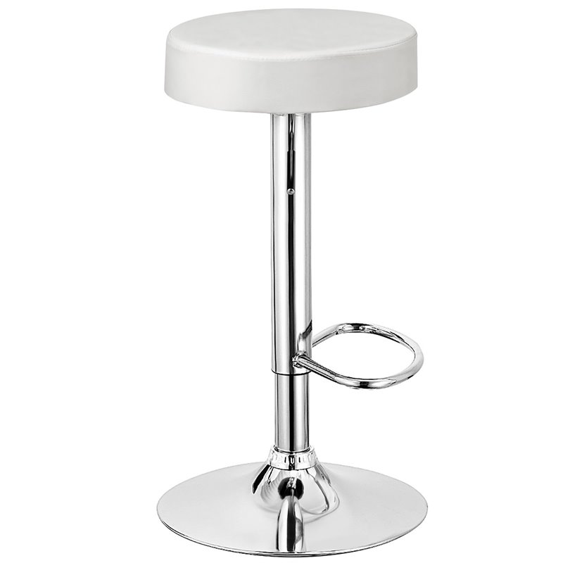 Home Square Round Leather & Steel Bar Stool with Footrest in White - Set of 2