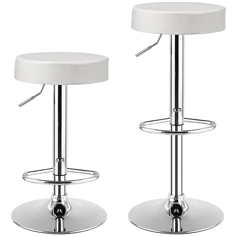 Home Square Round Leather & Steel Bar Stool with Footrest in White - Set of 2