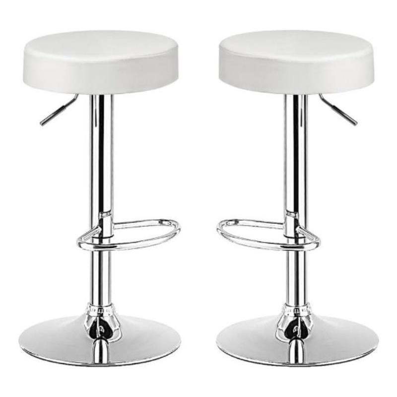 Home Square Round Leather & Steel Bar Stool with Footrest in White - Set of 2