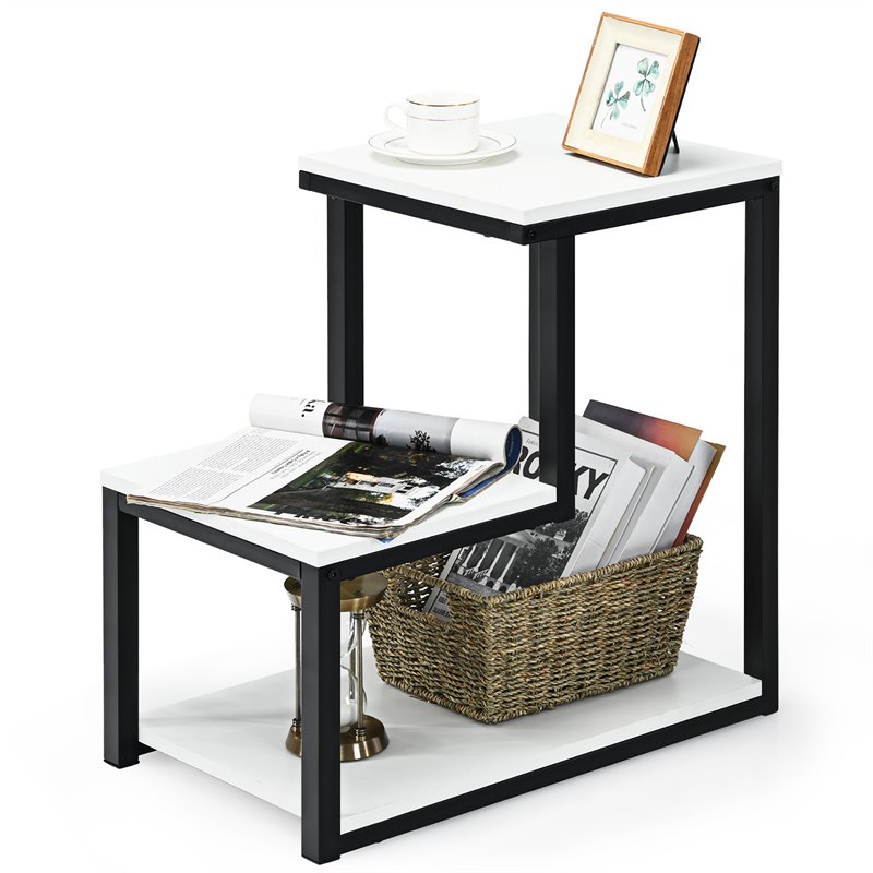 Home Square 3-Tier Steel End Table with Storage Shelf in White - Set of 2