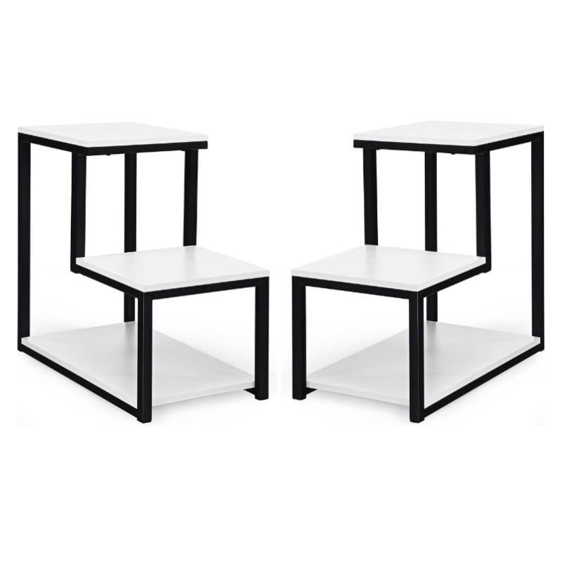 Home Square 3-Tier Steel End Table with Storage Shelf in White - Set of 2