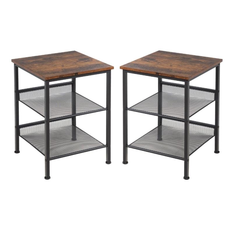 Home Square 3-Tier End Side Table with 2 Adjustable Shelves in Brown - Set of 2