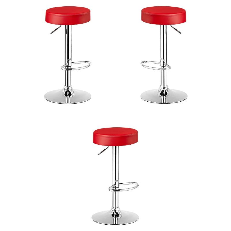 Home Square Round Leather & Steel Bar Stool with Footrest in Red - Set of 3