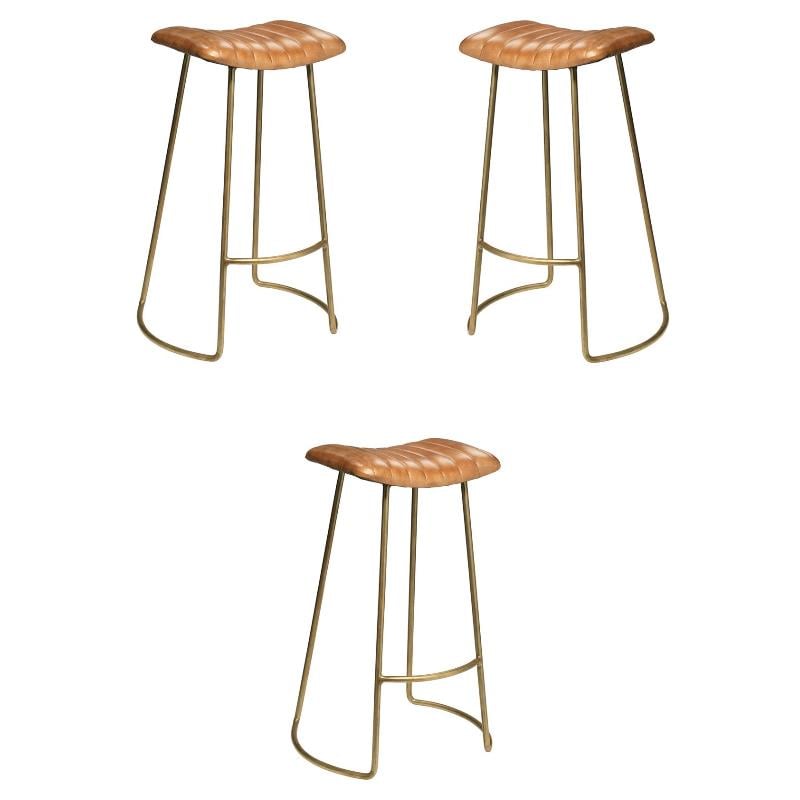 Home Square Leather and Iron Bar Stool in Brown and Gold - Set of 3