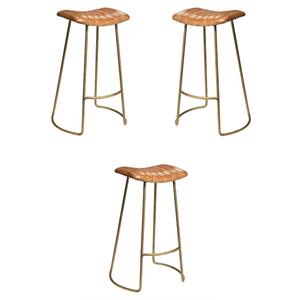 Home Square Leather and Iron Bar Stool in Brown and Gold - Set of 3