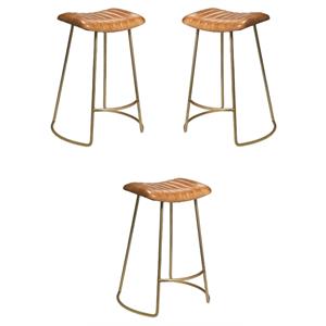 Home Square Leather and Iron Counter Stool in Brown & Gold - Set of 3