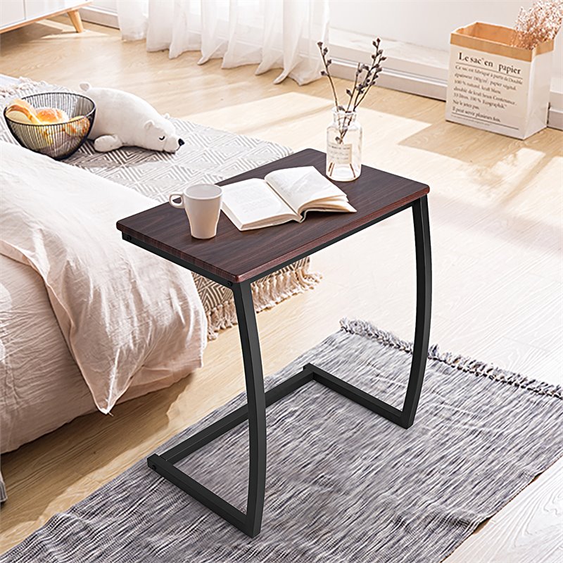 Home Square C-shaped Contemporary MDF and Steel End Table in Coffee - Set of 2