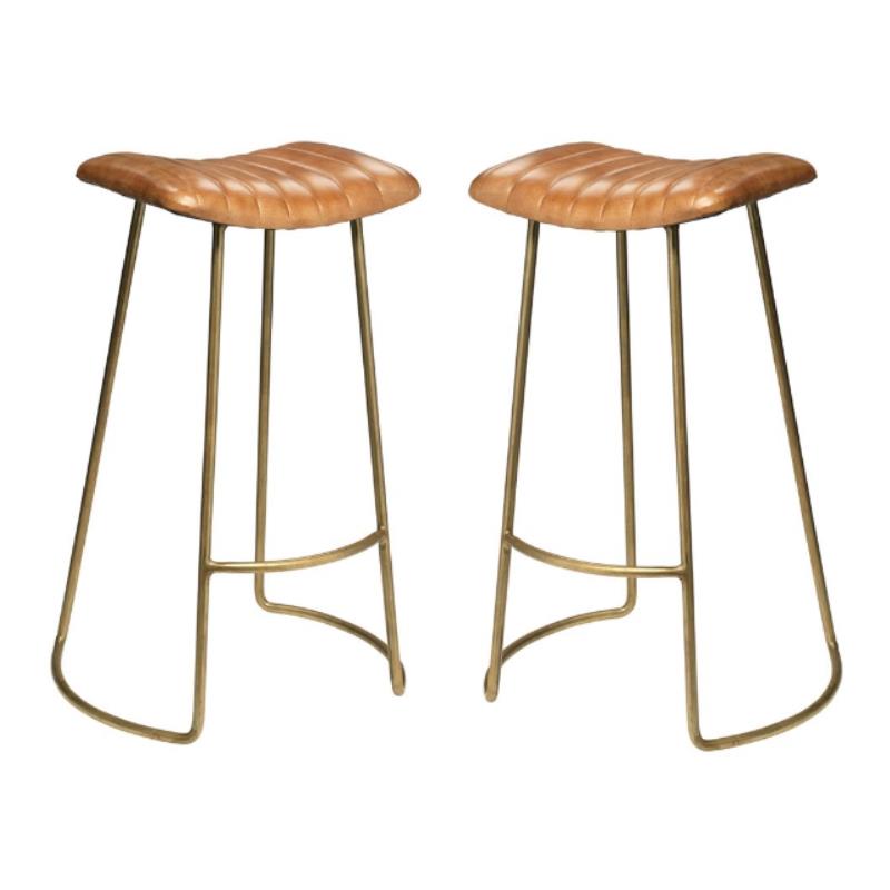 Home Square Leather and Iron Bar Stool in Brown and Gold - Set of 2