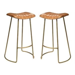 Home Square Leather and Iron Bar Stool in Brown and Gold - Set of 2