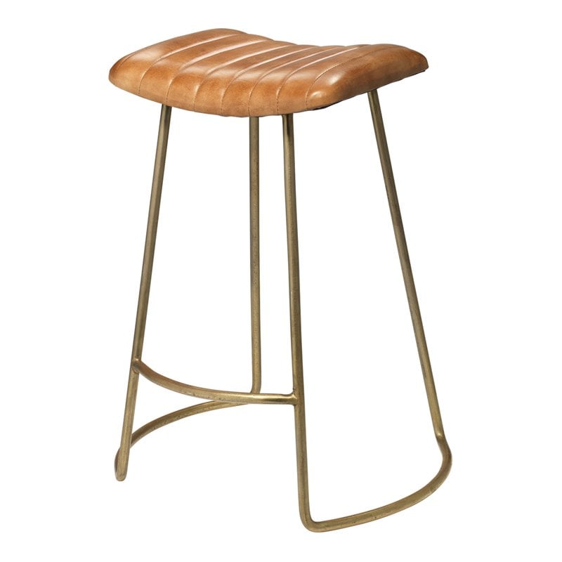 Home Square Leather and Iron Counter Stool in Brown & Gold - Set of 2