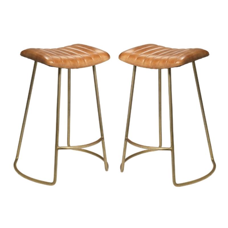 Home Square Leather and Iron Counter Stool in Brown & Gold - Set of 2