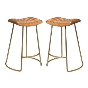 Home Square Leather and Iron Counter Stool in Brown & Gold - Set of 2