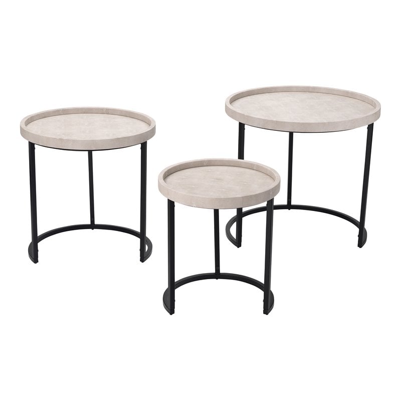 Home Square Faux Shagreen and Metal Side Table in Ivory & Black - Set of 2