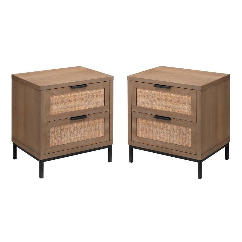 Home Square 2-Drawer MDF Wood and Iron Side Table in Brown & Black - Set of 2