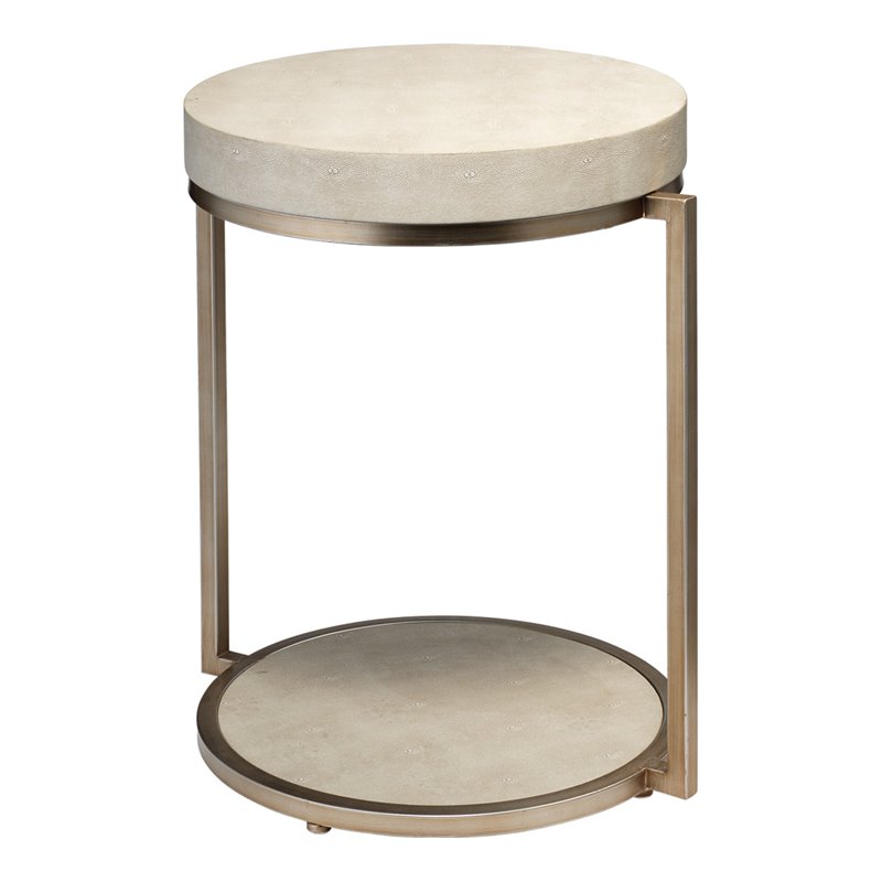 Home Square Round Metal & Faux Shagreen Side Table in Ivory & Brass - Set of 2
