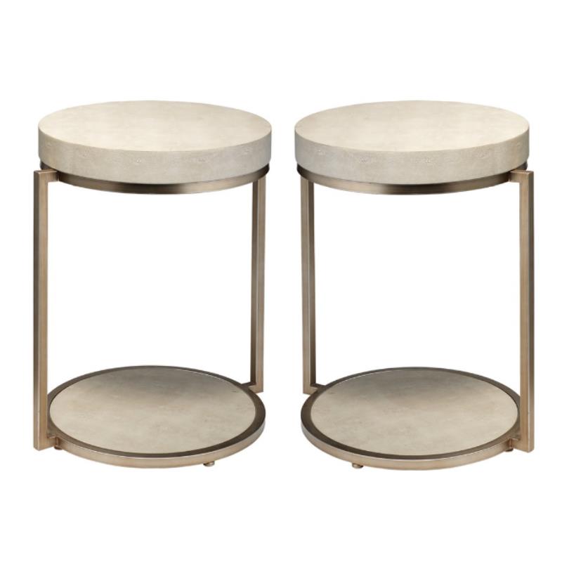 Home Square Round Metal & Faux Shagreen Side Table in Ivory & Brass - Set of 2