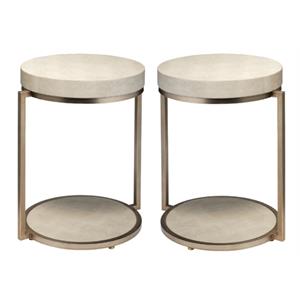 Home Square Round Metal & Faux Shagreen Side Table in Ivory & Brass - Set of 2