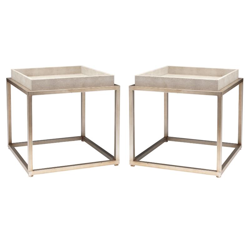 Home Square Faux Shagreen and Metal Side Table in Ivory & Brass - Set of 2
