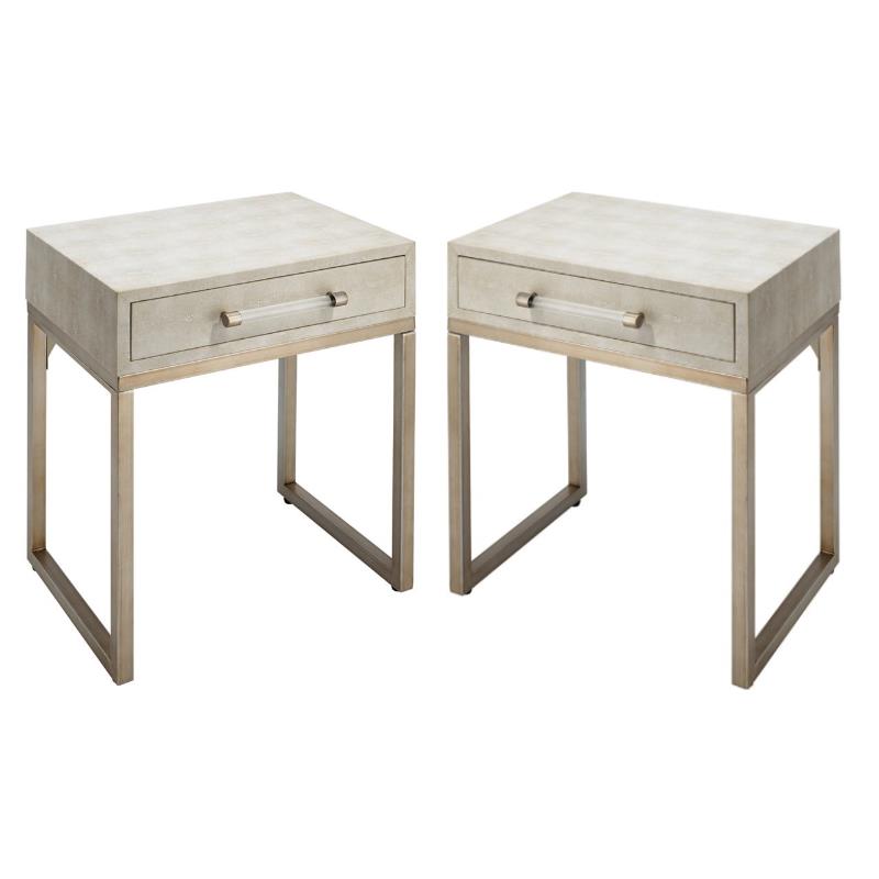 Home Square Faux Shagreen and Metal Side Table in Ivory and Brass - Set of 2