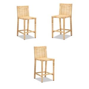 Home Square 3 Piece Handmade Wood and Rattan 26&quotH Counter Stool Set in Natural