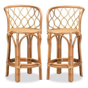 Home Square 2 Piece Handmade Rattan 26&quotH Counter Stool Set in Natural