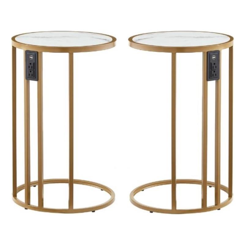 Home Square Faux Marble & Metal Base End Table in White and Gold - Set of 2