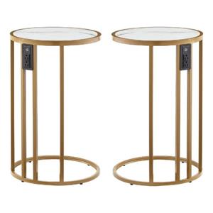 Home Square Faux Marble & Metal Base End Table in White and Gold - Set of 2