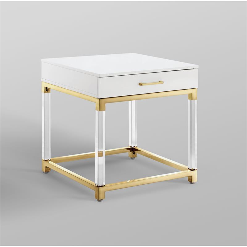 Home Square 1-Drawer Metal End Table in White & Gold - Set of 2